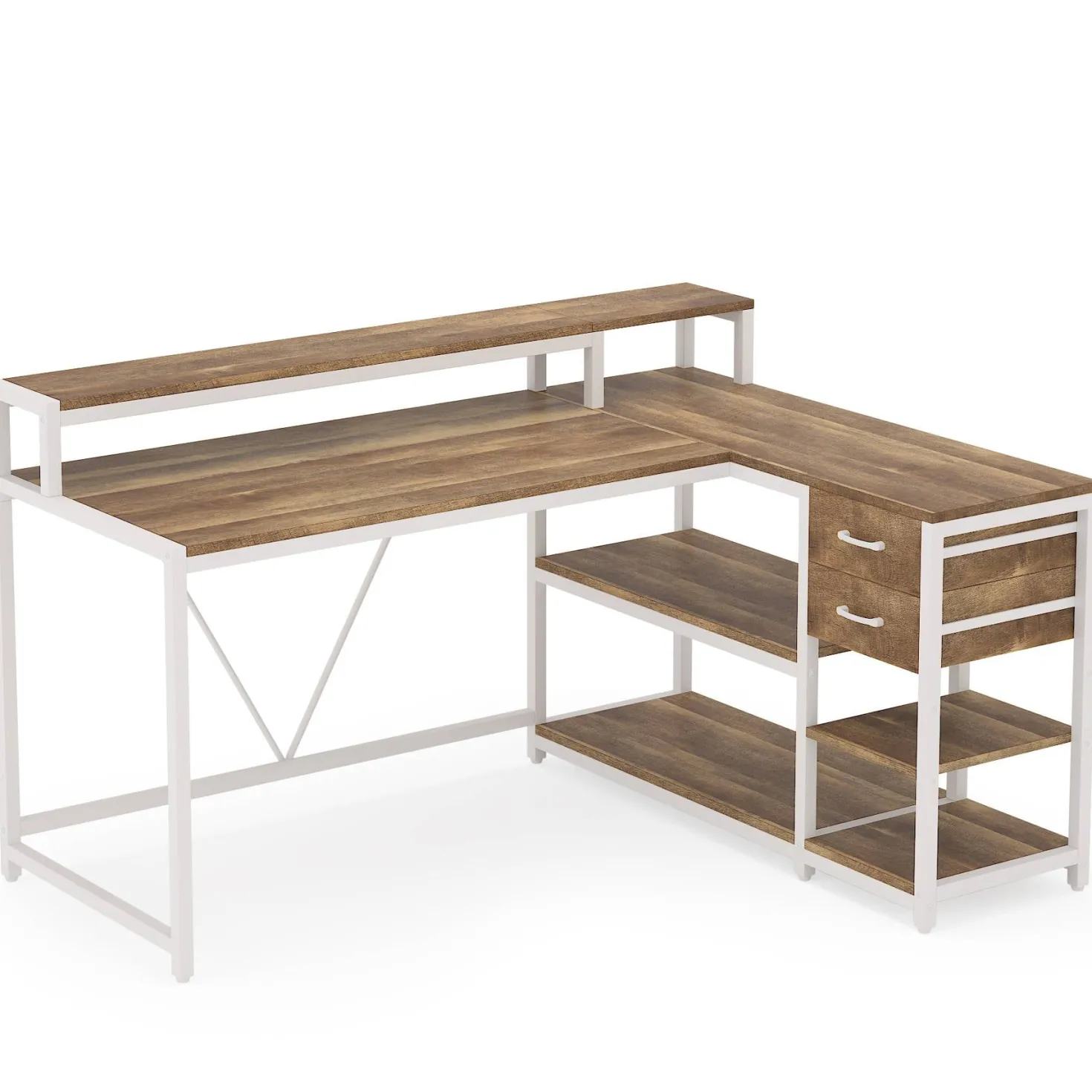 Reversible L-Shaped Desk, Industrial Corner Desk with Drawer & Shelves