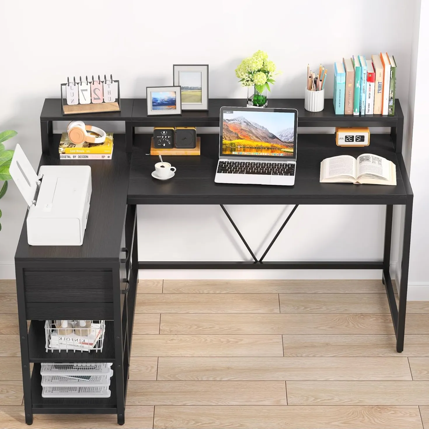 Reversible L-Shaped Desk, Industrial Corner Desk with Drawer & Shelves