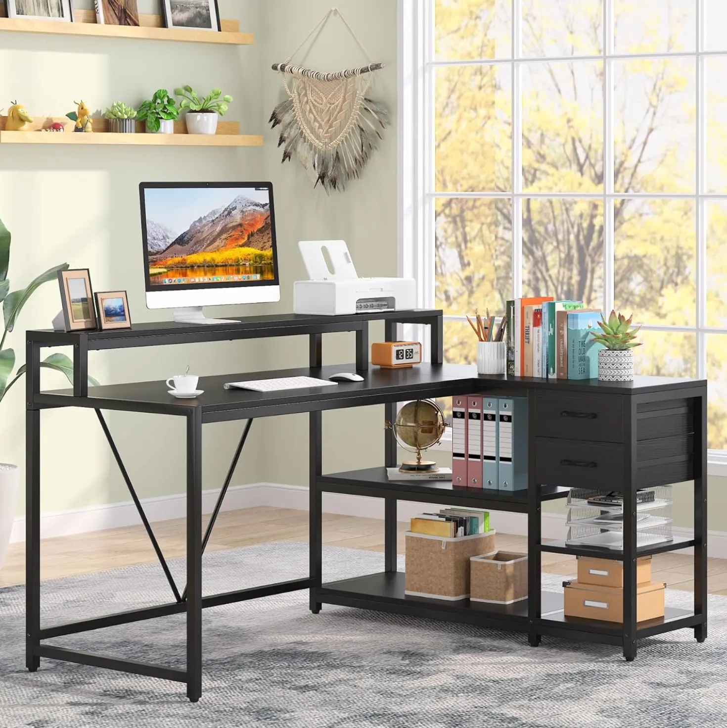 Reversible L-Shaped Desk, Industrial Corner Desk with Drawer & Shelves
