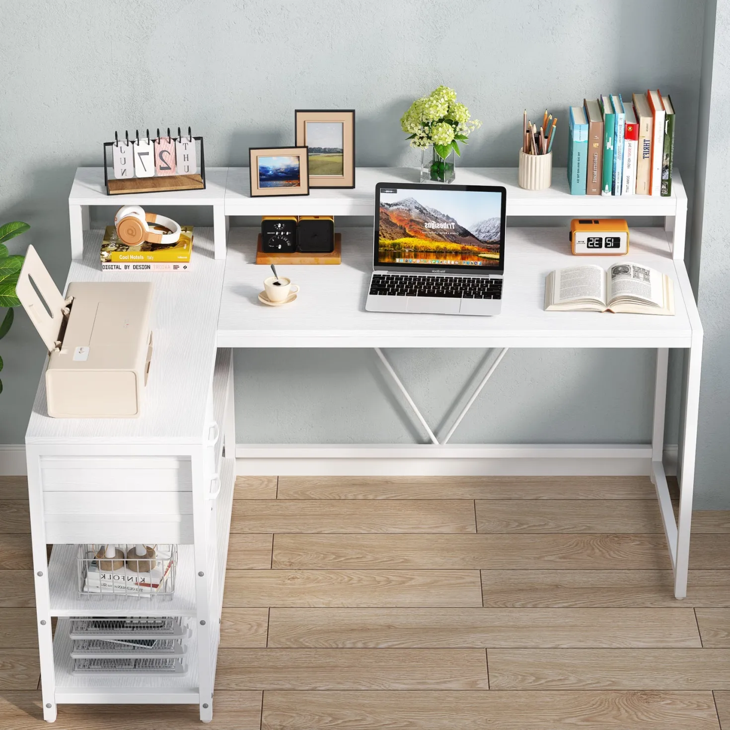 Reversible L-Shaped Desk, Industrial Corner Desk with Drawer & Shelves