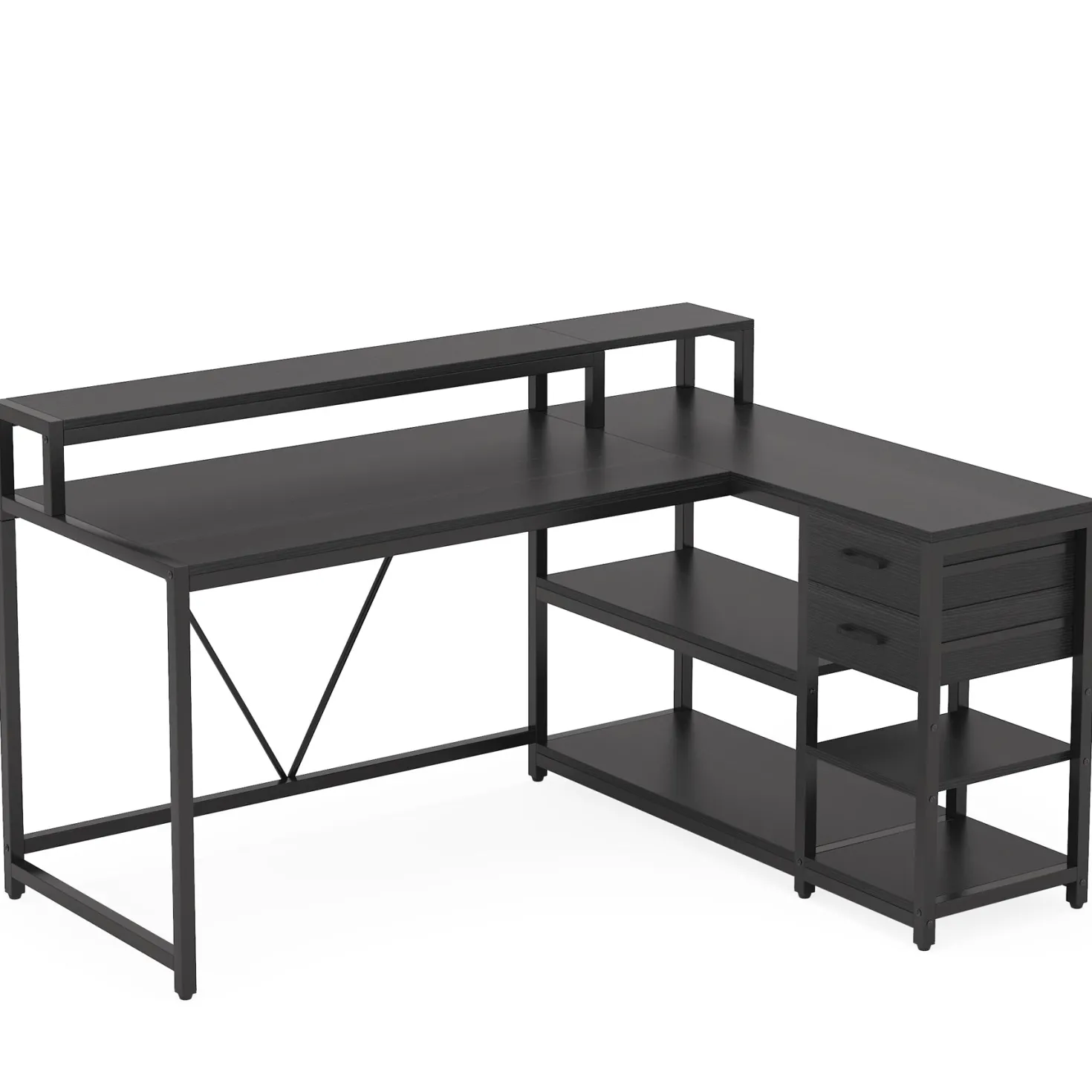 Reversible L-Shaped Desk, Industrial Corner Desk with Drawer & Shelves