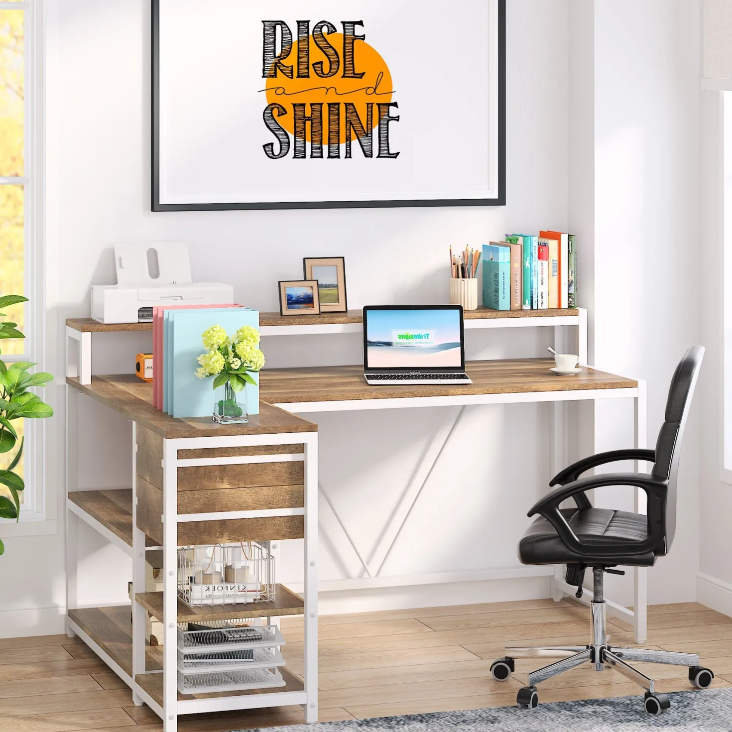 Reversible L-Shaped Desk, Industrial Corner Desk with Drawer & Shelves