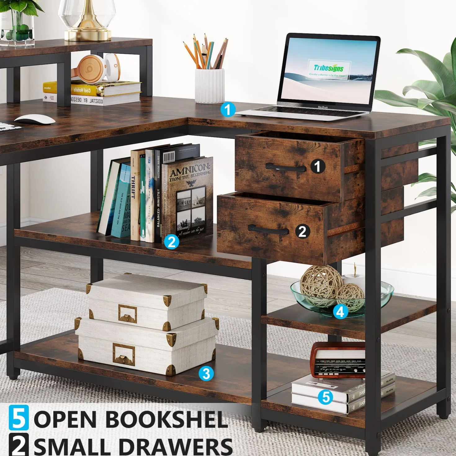Reversible L-Shaped Desk, Industrial Corner Desk with Drawer & Shelves