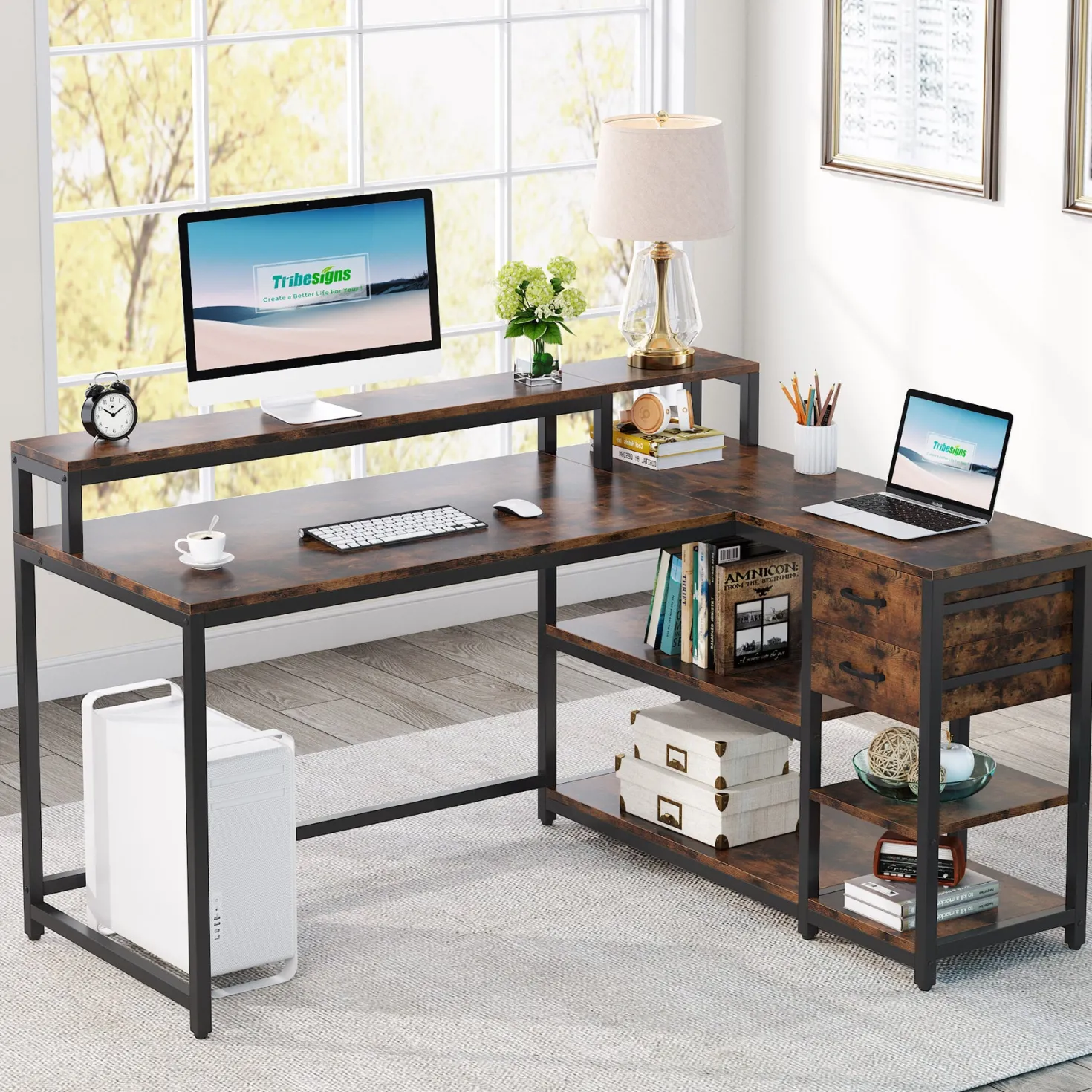 Reversible L-Shaped Desk, Industrial Corner Desk with Drawer & Shelves