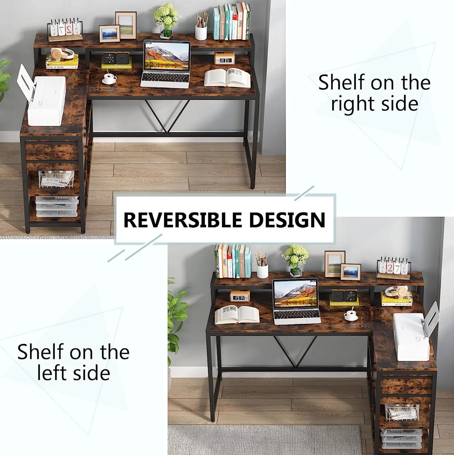 Reversible L-Shaped Desk, Industrial Corner Desk with Drawer & Shelves