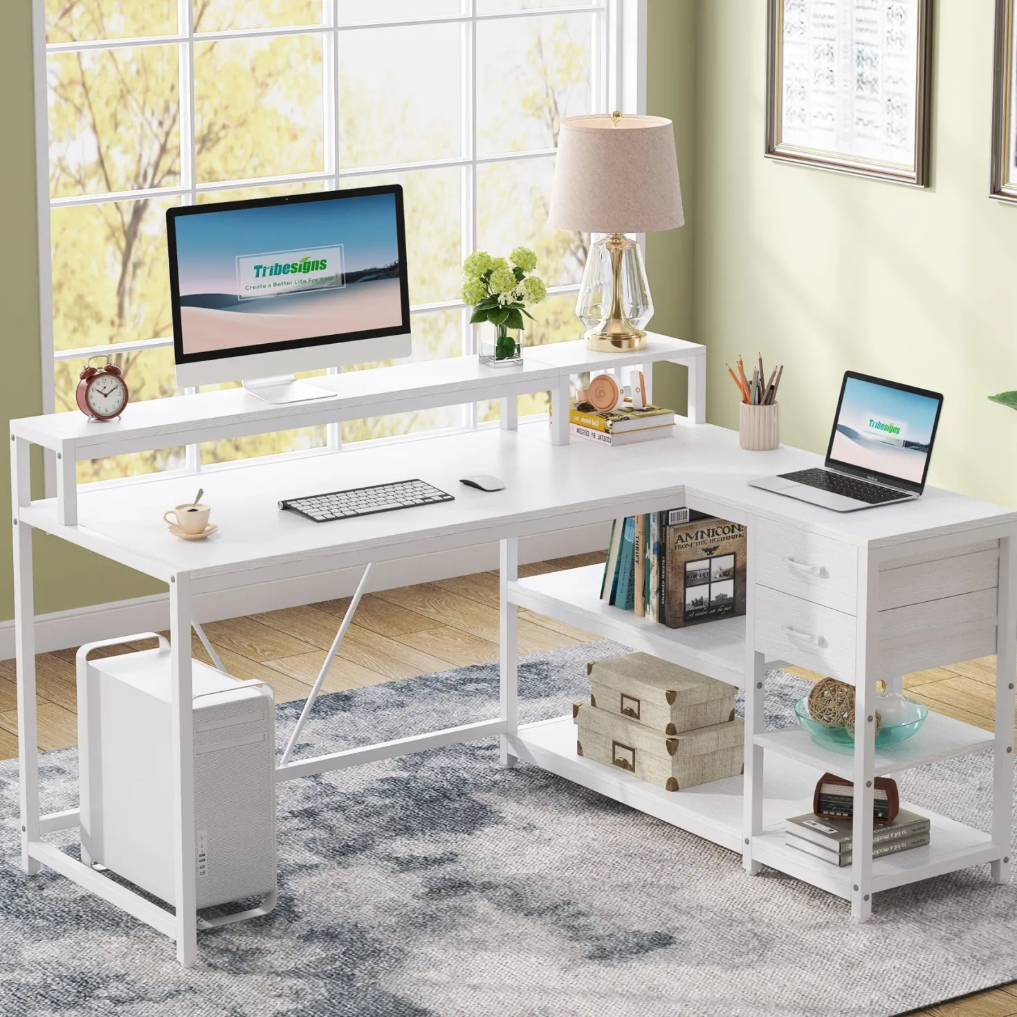 Reversible L-Shaped Desk, Industrial Corner Desk with Drawer & Shelves