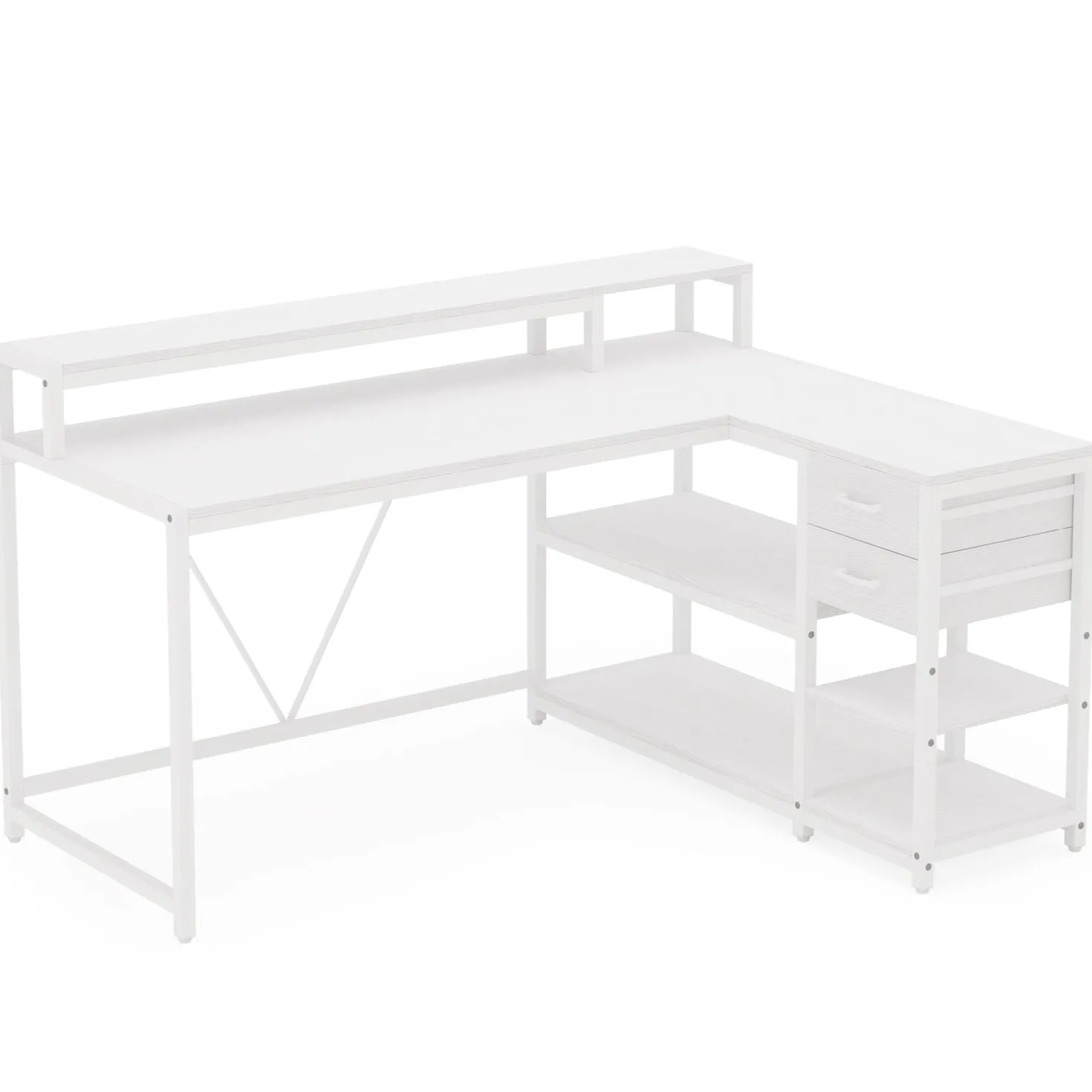 Reversible L-Shaped Desk, Industrial Corner Desk with Drawer & Shelves