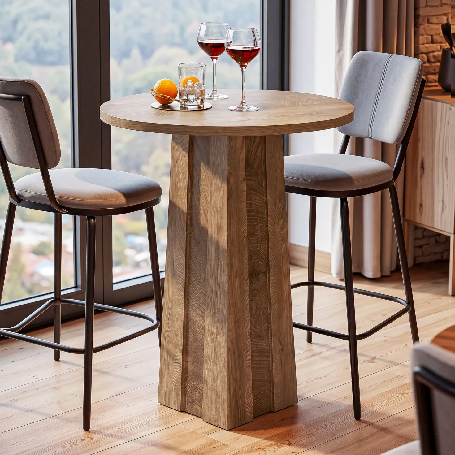 Round Bar Table, 31.5" Bistro Pub Table with Fluted Pedestal Base for Small Spaces