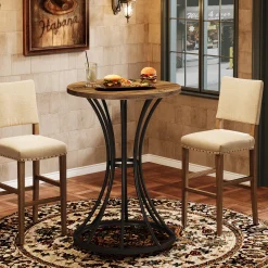 Round Bar Table for 2, 37.4" H Cocktail Table with Curved Metal Base