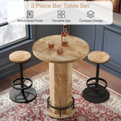 Round Bar Table Set, Pub Cocktail Table Bistro Sets with 2 Barstools