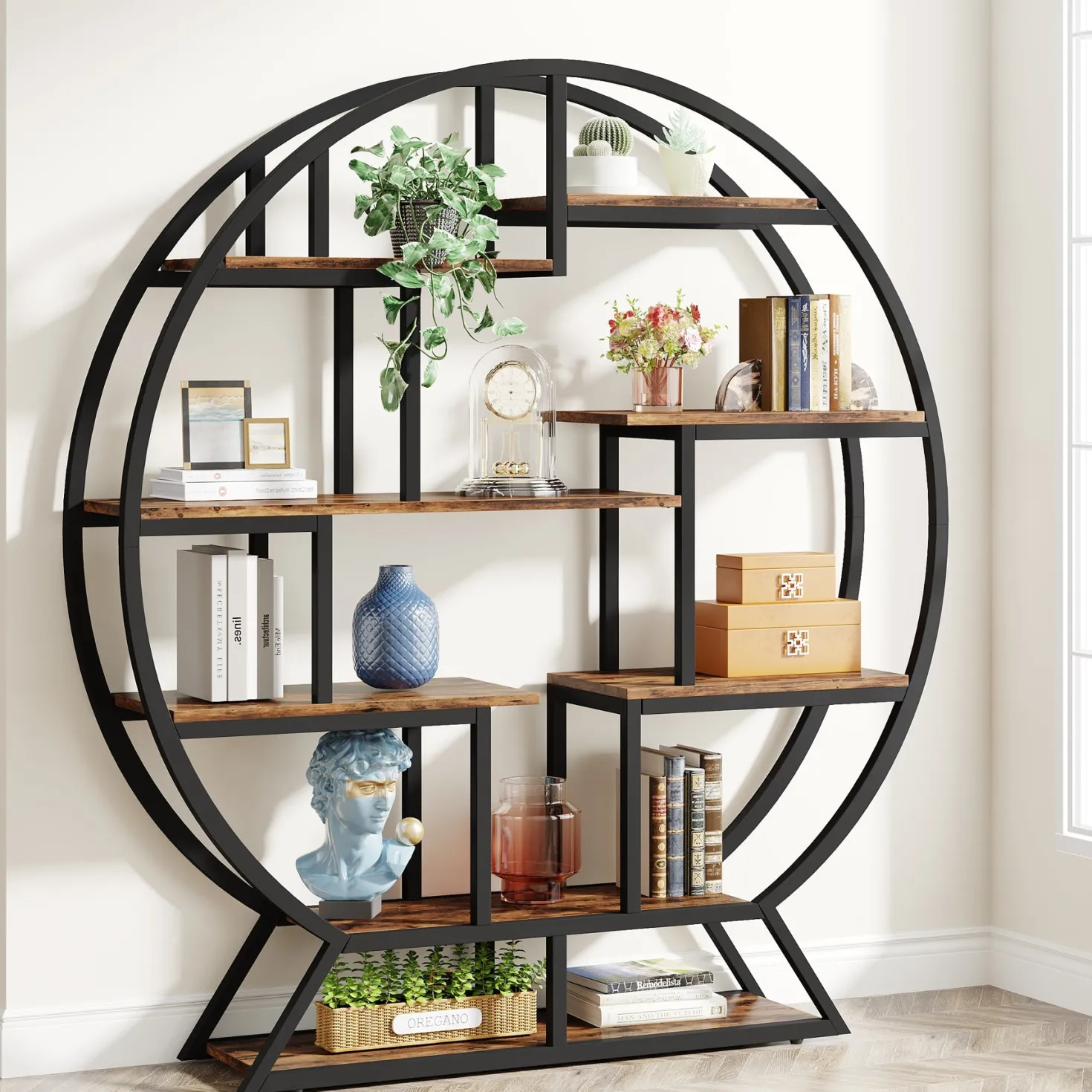 Round Bookshelf, 63 Inch Etagere Bookcase with Staggered Shelves