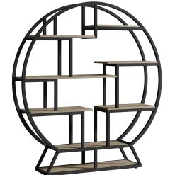 Round Bookshelf, 63 Inch Etagere Bookcase with Staggered Shelves