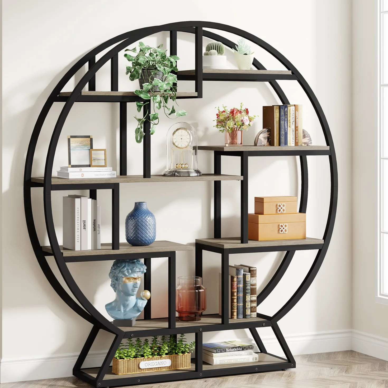 Round Bookshelf, 63 Inch Etagere Bookcase with Staggered Shelves