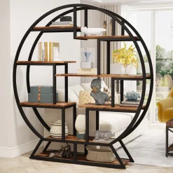Round Bookshelf, 63 Inch Etagere Bookcase with Staggered Shelves
