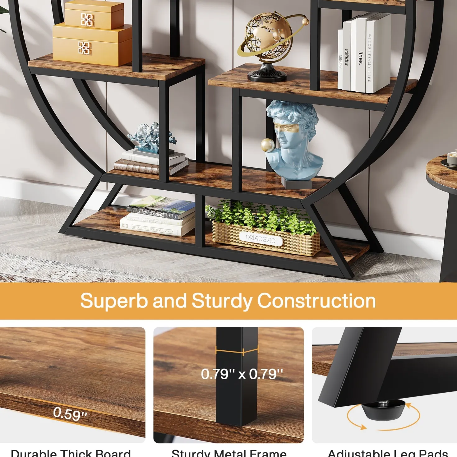 Round Bookshelf, 63 Inch Etagere Bookcase with Staggered Shelves