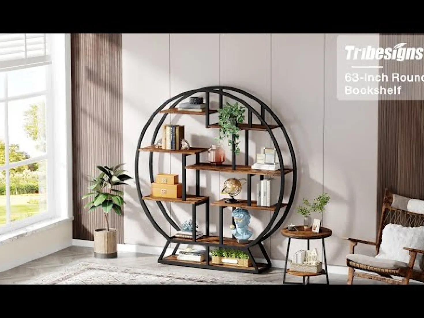 Round Bookshelf, 63 Inch Etagere Bookcase with Staggered Shelves