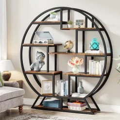 Round Bookshelf, 63 Inch Etagere Bookcase with Staggered Shelves