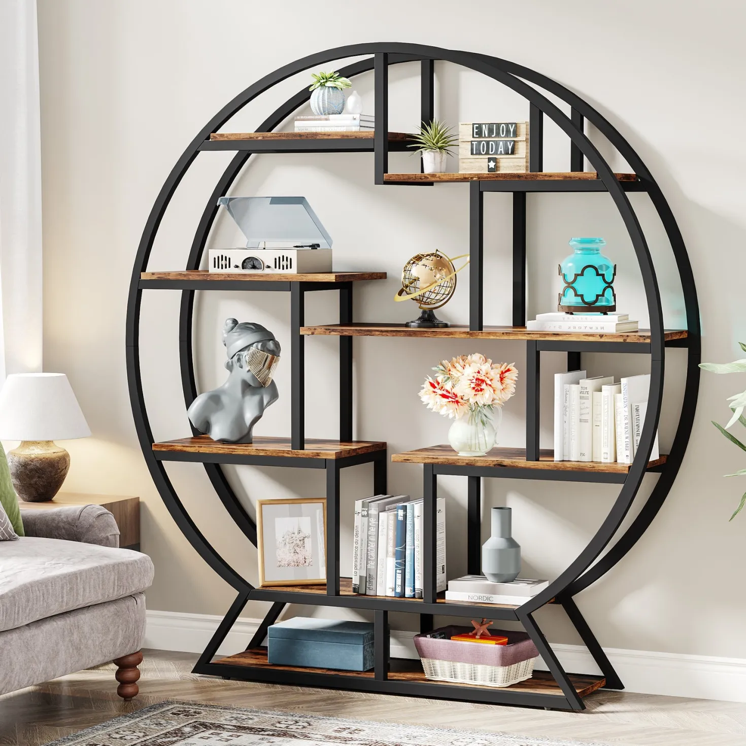 Round Bookshelf, 63 Inch Etagere Bookcase with Staggered Shelves
