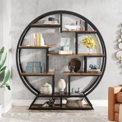 Round Bookshelf, 63 Inch Etagere Bookcase with Staggered Shelves