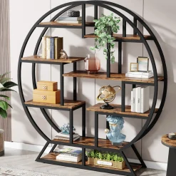 Round Bookshelf, 63 Inch Etagere Bookcase with Staggered Shelves