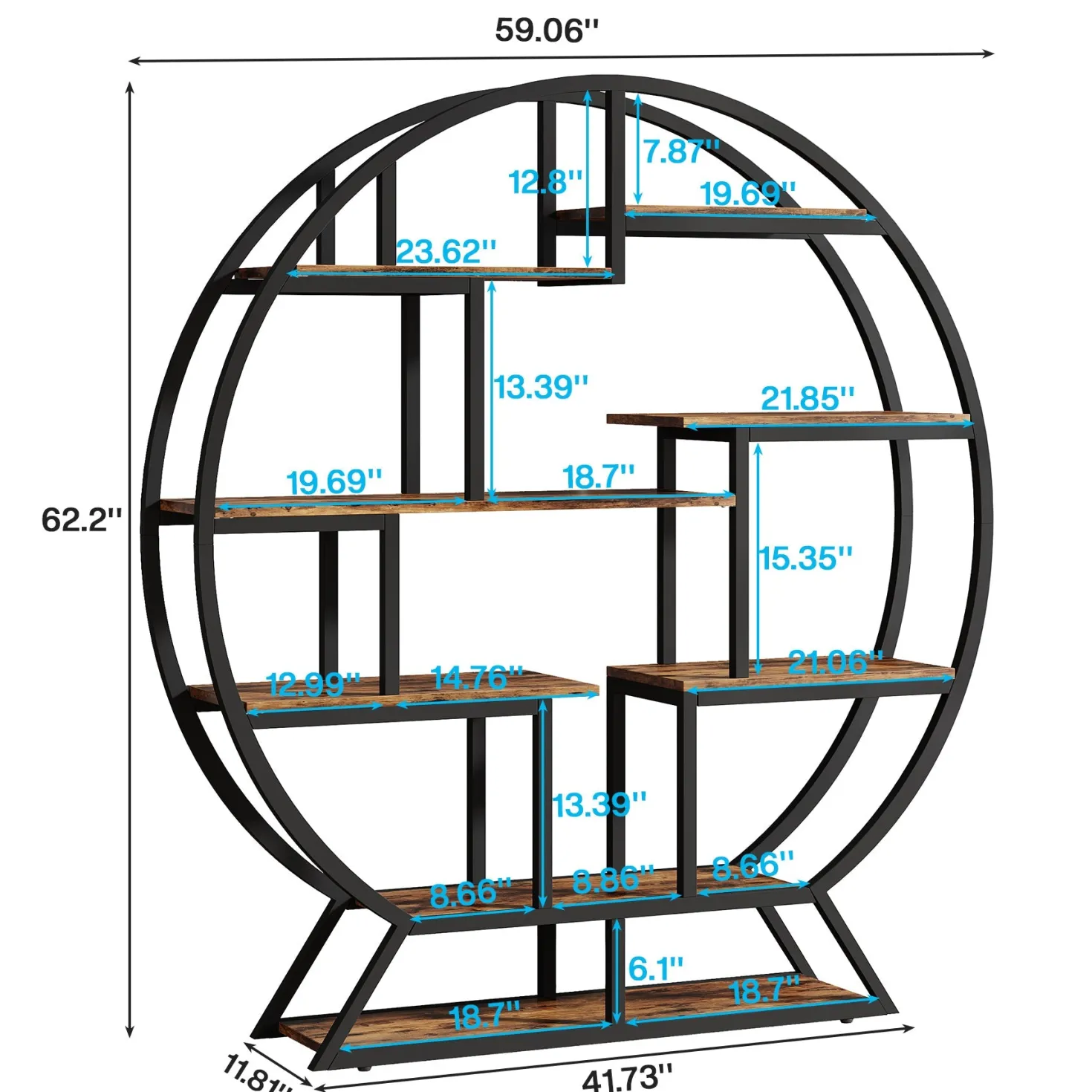 Round Bookshelf, 63 Inch Etagere Bookcase with Staggered Shelves