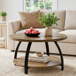 Round Coffee Table, 31.5" Center Cocktail Table with 2-Tier Storage Shelves
