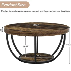 Round Coffee Table, 31.7" Center Table with 2-Tier Storage Shelves