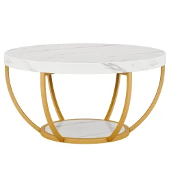 Round Coffee Table, 31.7" Center Table with 2-Tier Storage Shelves