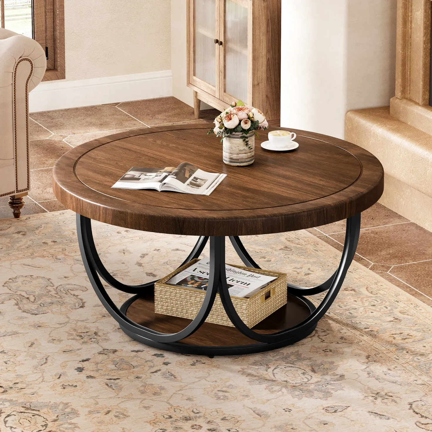 Round Coffee Table, 31.5" Circle Accent Cocktail Table with Storage Shelf