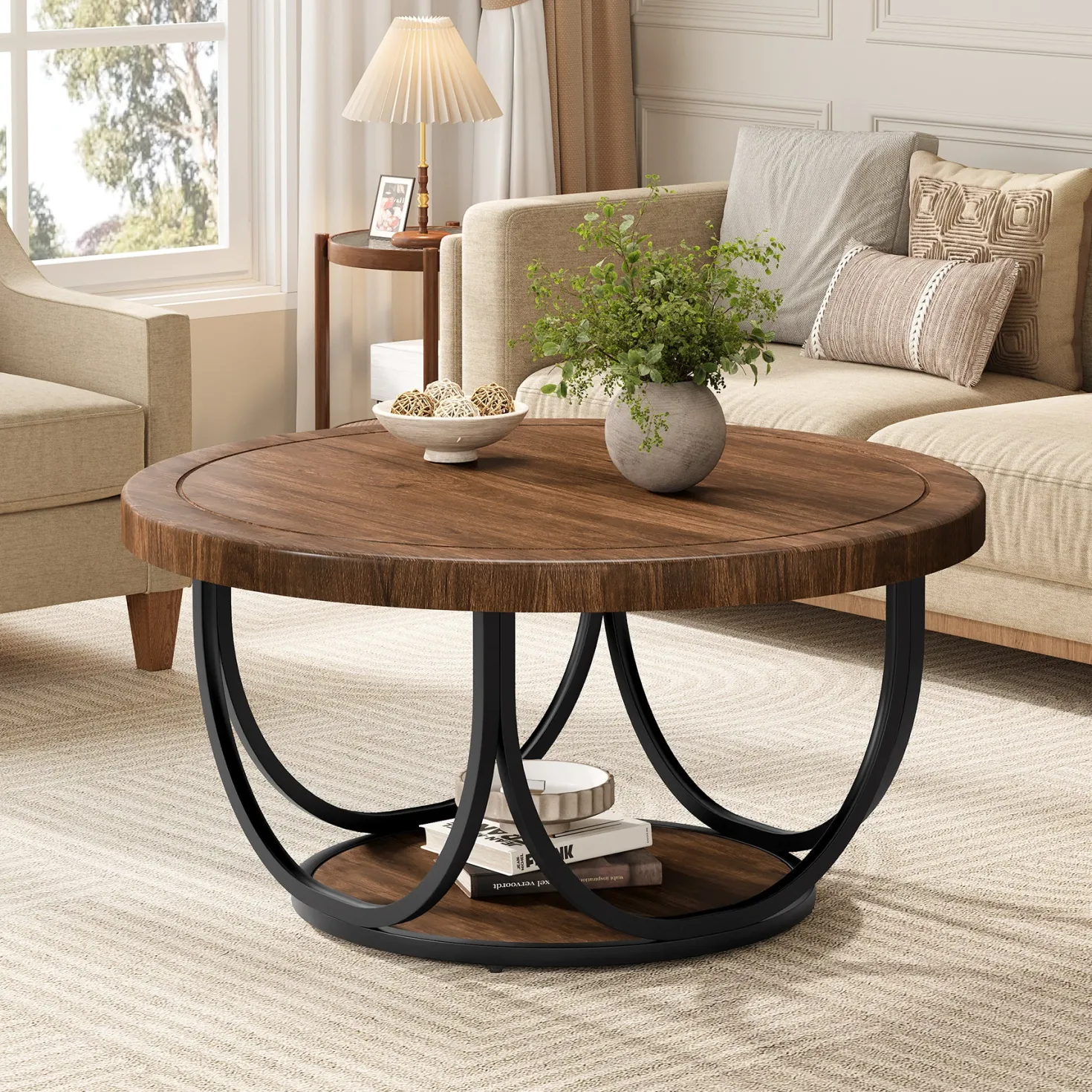 Round Coffee Table, 31.5" Circle Accent Cocktail Table with Storage Shelf