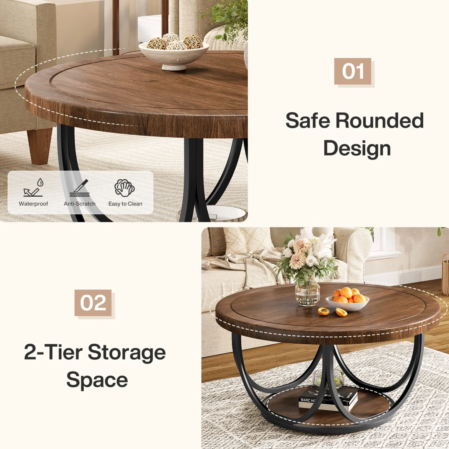 Round Coffee Table, 31.5" Circle Accent Cocktail Table with Storage Shelf