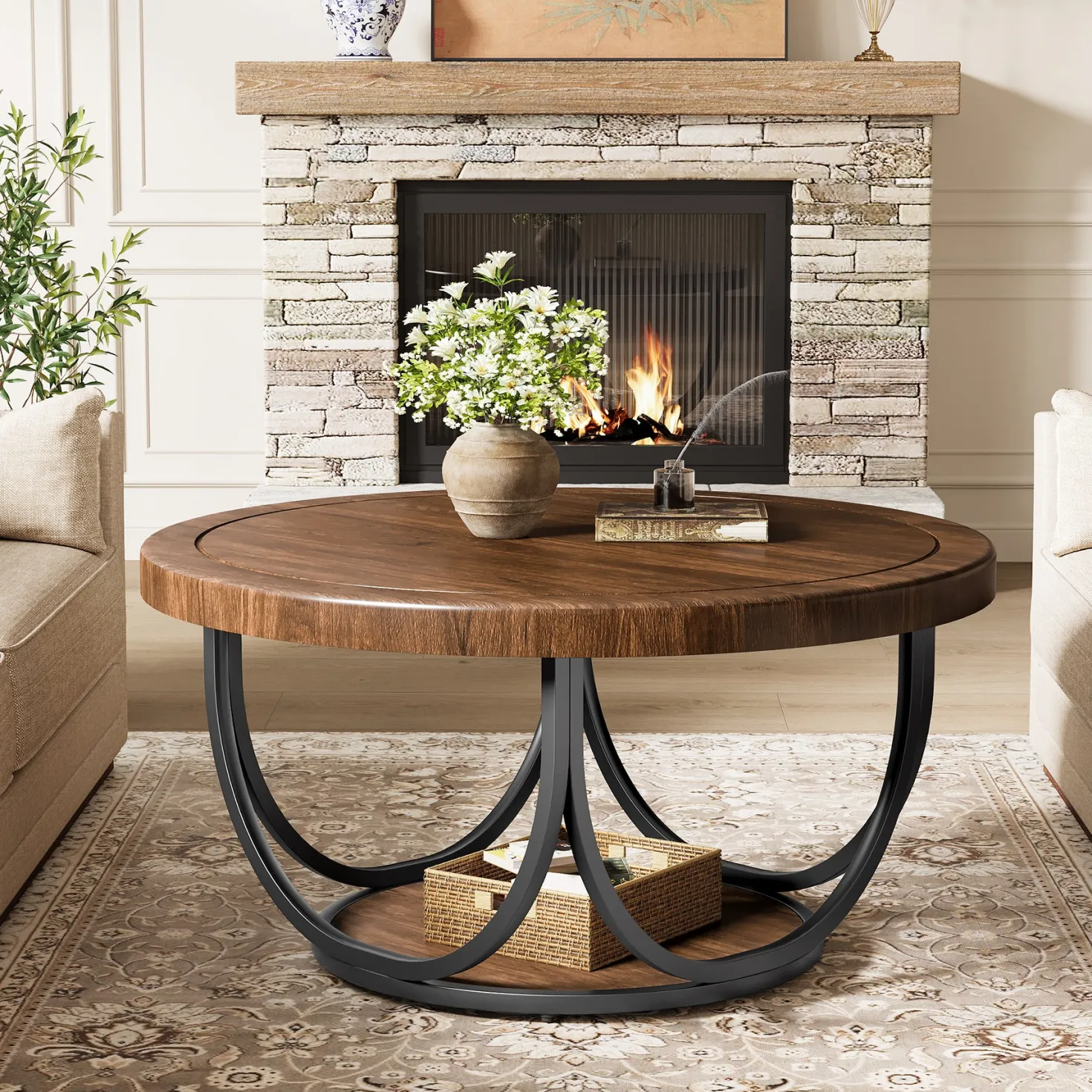 Round Coffee Table, 31.5" Circle Accent Cocktail Table with Storage Shelf