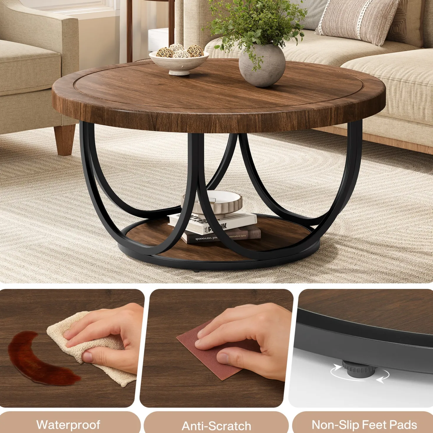 Round Coffee Table, 31.5" Circle Accent Cocktail Table with Storage Shelf
