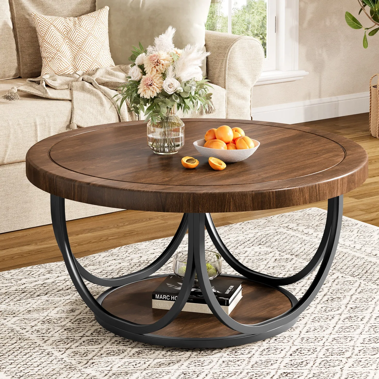 Round Coffee Table, 31.5" Circle Accent Cocktail Table with Storage Shelf
