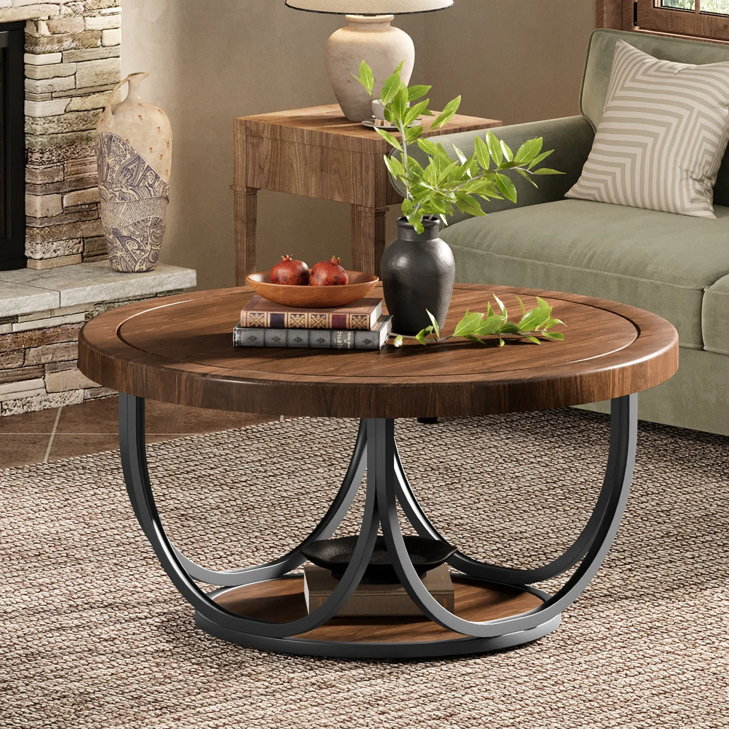 Round Coffee Table, 31.5" Circle Accent Cocktail Table with Storage Shelf