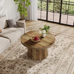 Round Coffee Table, 31.5" Circle Center Table with Fluted Drum Base