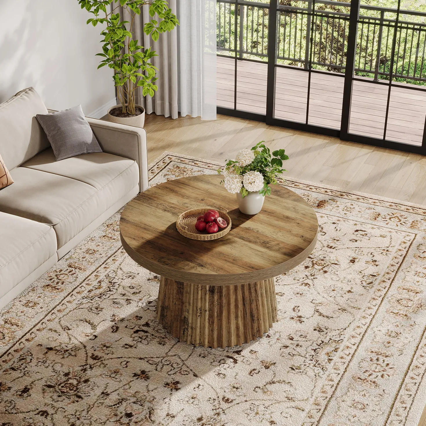 Round Coffee Table, 31.5" Circle Center Table with Fluted Drum Base