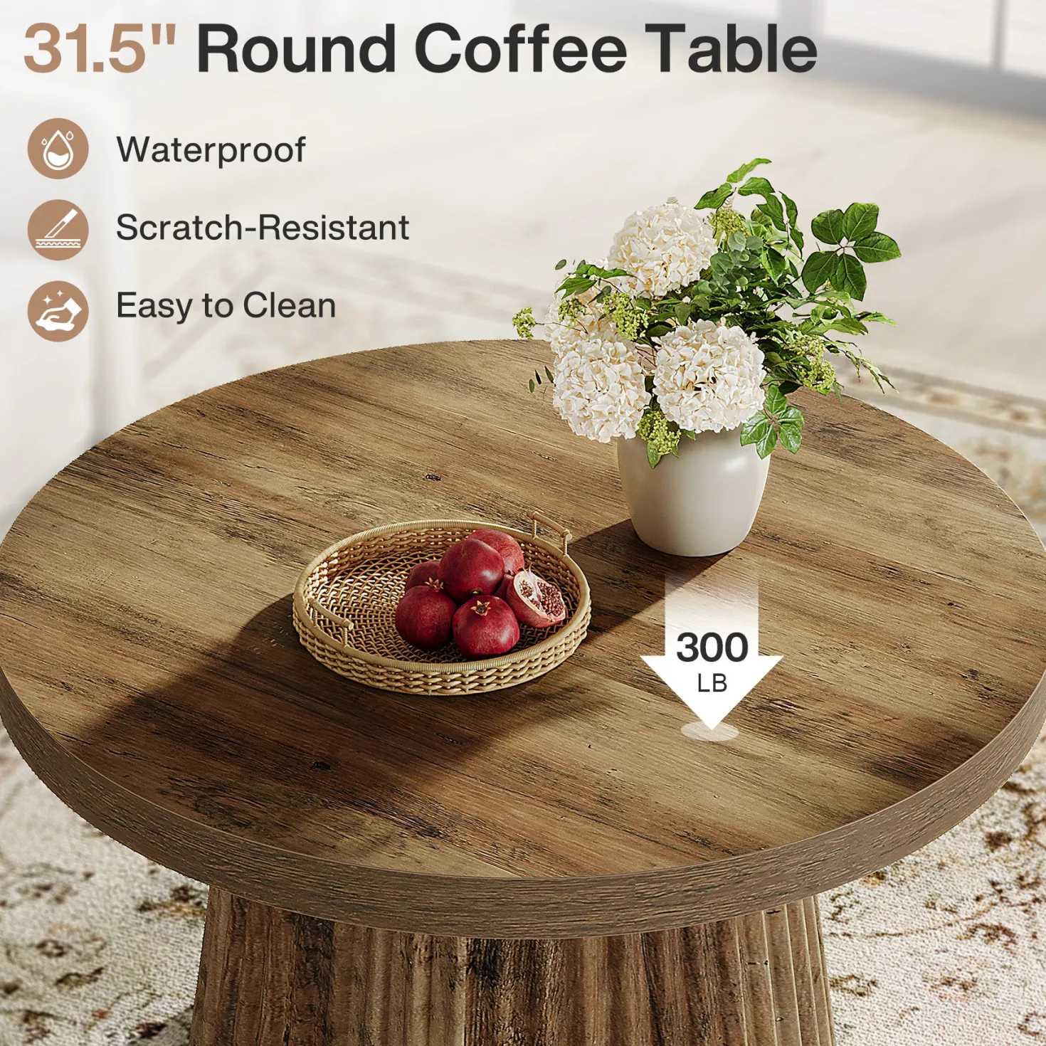 Round Coffee Table, 31.5" Circle Center Table with Fluted Drum Base