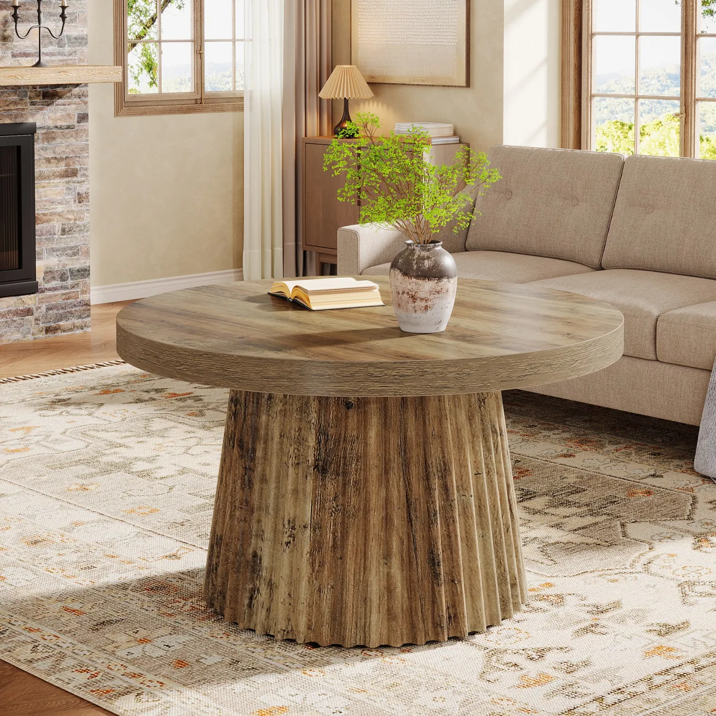 Round Coffee Table, 31.5" Circle Center Table with Fluted Drum Base