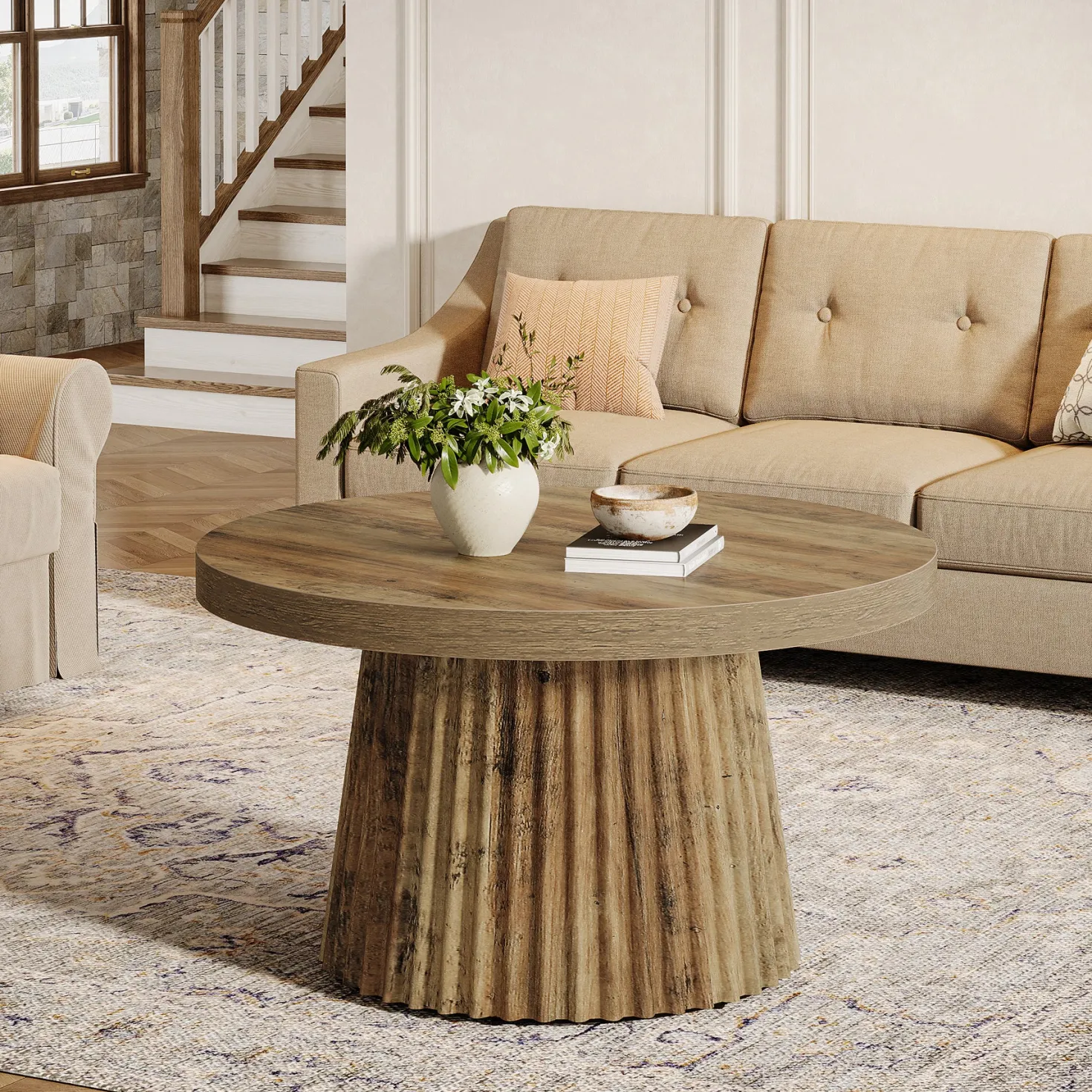 Round Coffee Table, 31.5" Circle Center Table with Fluted Drum Base