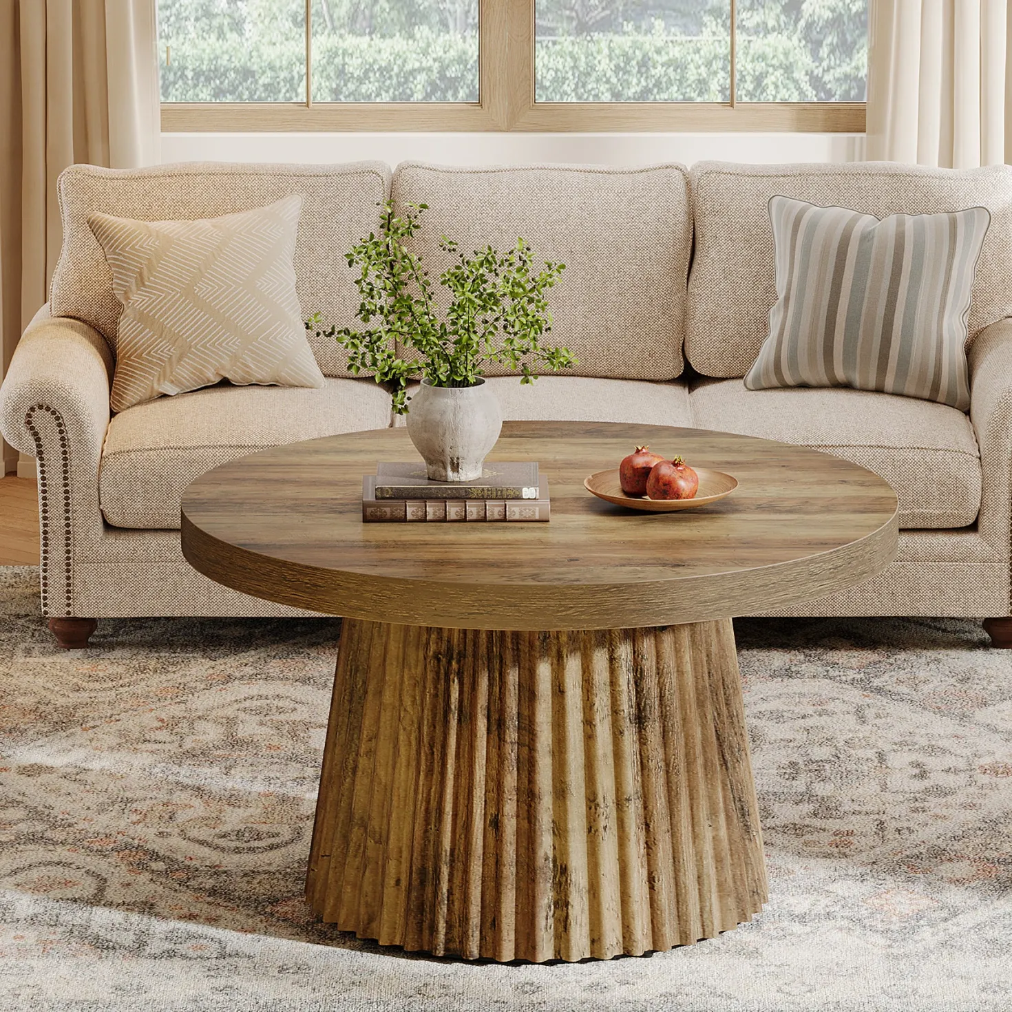 Round Coffee Table, 31.5" Circle Center Table with Fluted Drum Base