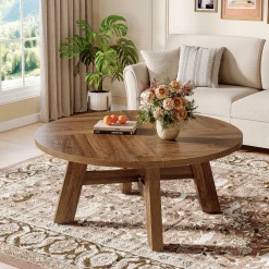 Round Coffee Table, 39" Circle Center Table with Reinforced Cross Brace