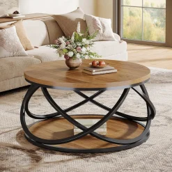 Round Coffee Table, 2-Tier Circle Center Table with Storage Shelves
