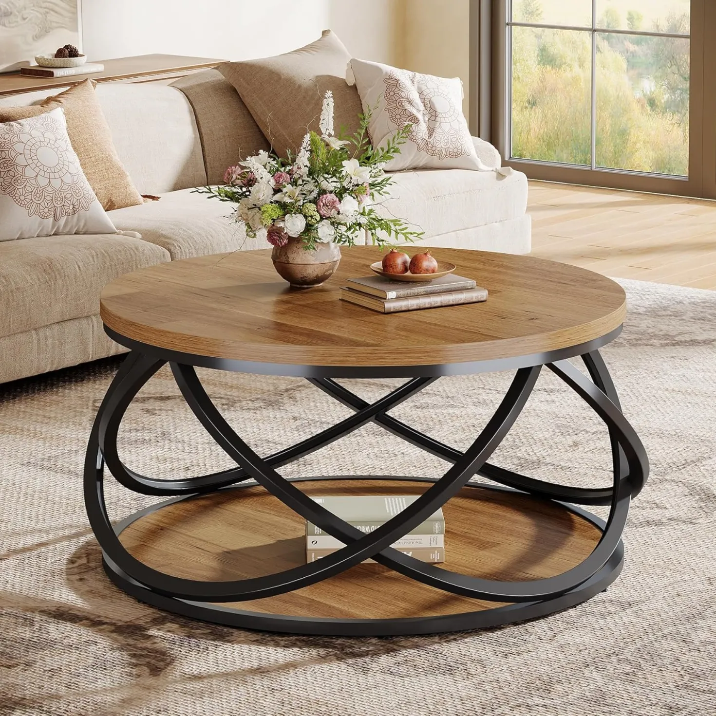 Round Coffee Table, 2-Tier Circle Center Table with Storage Shelves
