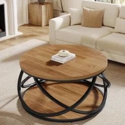 Round Coffee Table, 2-Tier Circle Center Table with Storage Shelves