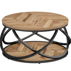 Round Coffee Table, 2-Tier Circle Center Table with Storage Shelves