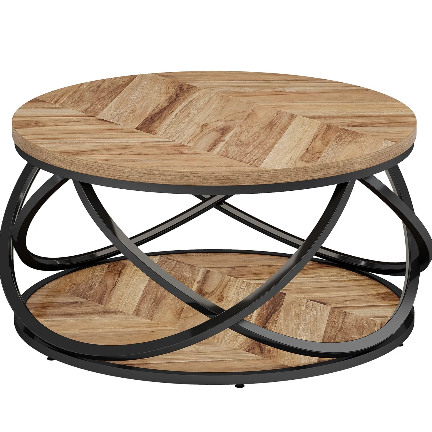 Round Coffee Table, 2-Tier Circle Center Table with Storage Shelves