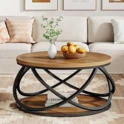 Round Coffee Table, 2-Tier Circle Center Table with Storage Shelves