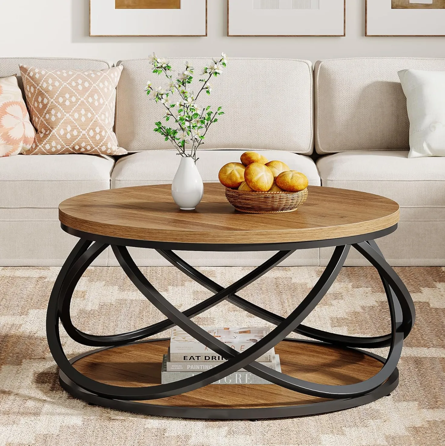 Round Coffee Table, 2-Tier Circle Center Table with Storage Shelves