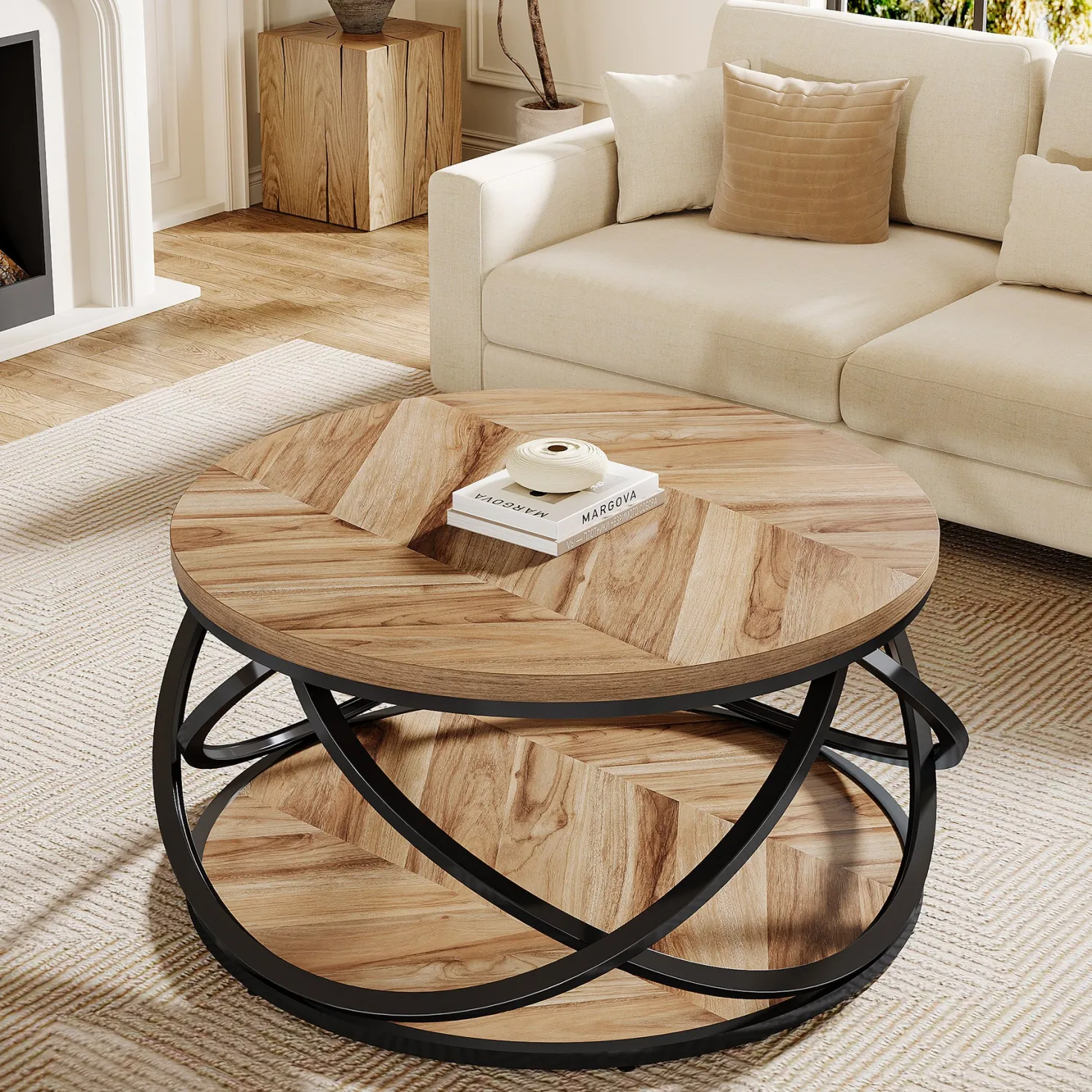 Round Coffee Table, 2-Tier Circle Center Table with Storage Shelves